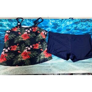 ☀️Tropical Hibiscus Floral Tankini Set with Navy Boy Shorts Swimsuit 5x